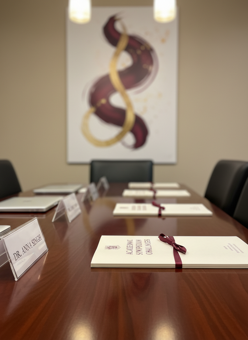 A close-up, photographic realism scene of a polished wooden conference table set for an academic symposium, with name placards, closed laptops, and neatly stacked cream-colored programs accented with dark burgundy typography. The table surface reflects warm pendant lighting from above, creating subtle highlights along the grain of the wood. In the softly blurred background, a beige wall features a large, abstract poster design in burgundy and gold, suggesting a conference theme. Captured at eye level with a shallow depth of field, the composition emphasizes order, detail, and professionalism, leaving clean space for text overlays on the right. The mood is organized, serious, and sophisticated, evoking a high-level university event.