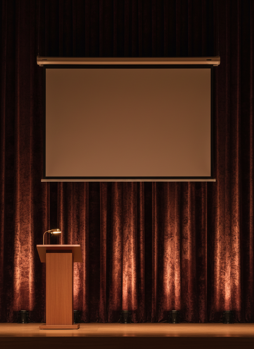 A focused, photographic realism image of an academic keynote stage, without people, featuring a dark burgundy backdrop curtain with a subtle, rich texture and a central beige projection screen bordered by slim metallic frames. A simple, modern wooden podium with a matte finish stands slightly off-center, with a small reading lamp casting a soft pool of light on its surface. Discreet floor spotlights wash the backdrop in warm, amber-toned light, creating depth and gentle gradients. Shot straight-on at eye level with balanced composition and sharp focus, the scene feels poised and ceremonial, ideal for overlaying event details. The mood is dignified, calm, and intellectually serious, echoing a high-profile university keynote address.