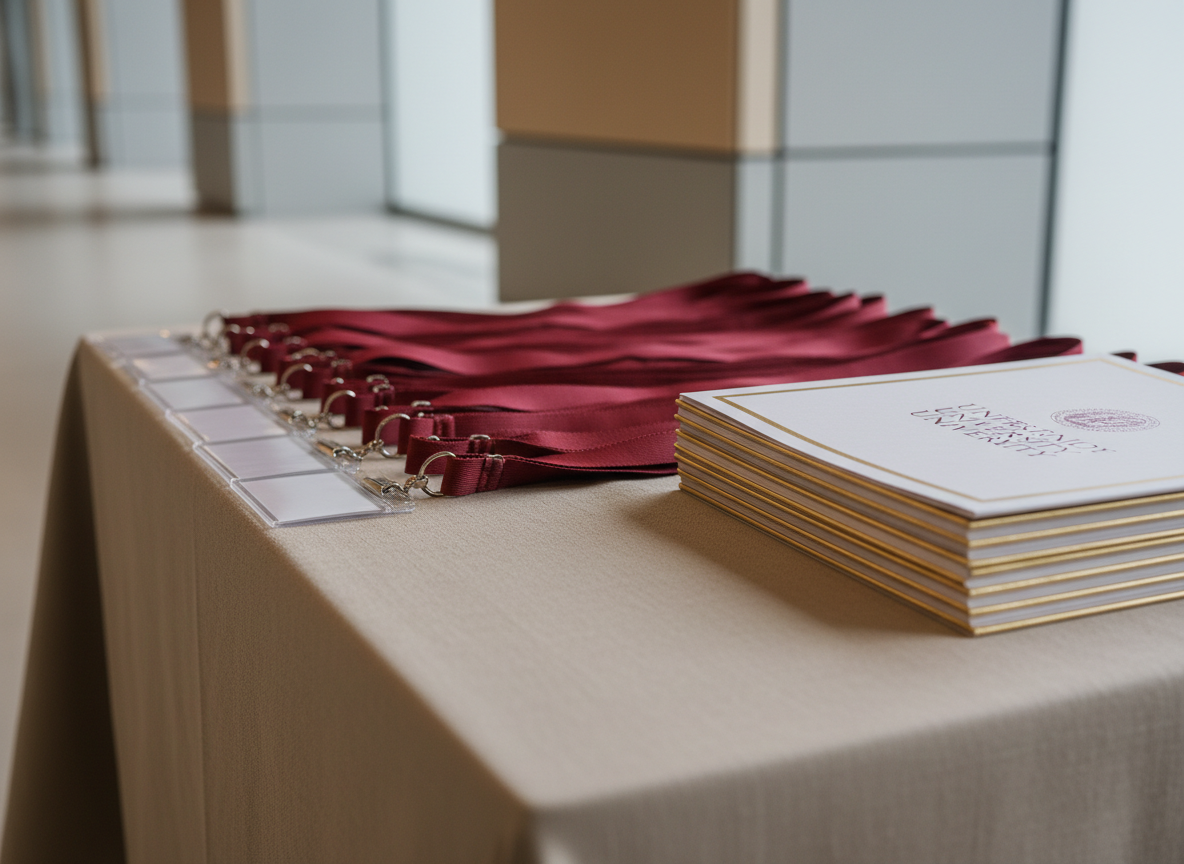 A refined registration desk scene in photographic realism, showing an orderly row of burgundy fabric lanyards with blank cream-colored name badges resting on a smooth beige linen-covered table. Beside them lies a stack of thick, matte conference programs with embossed burgundy titles and subtle gold edging. Soft, warm overhead lighting creates gentle highlights on the badge clips and delicate shadows in the folds of the tablecloth. The background fades into a slightly blurred corridor with clean architectural lines in neutral tones. Captured from a slightly elevated, diagonal angle, the composition leads the eye along the lanyards, conveying preparation and anticipation. The atmosphere is welcoming yet formal, reflecting a well-organized university conference.