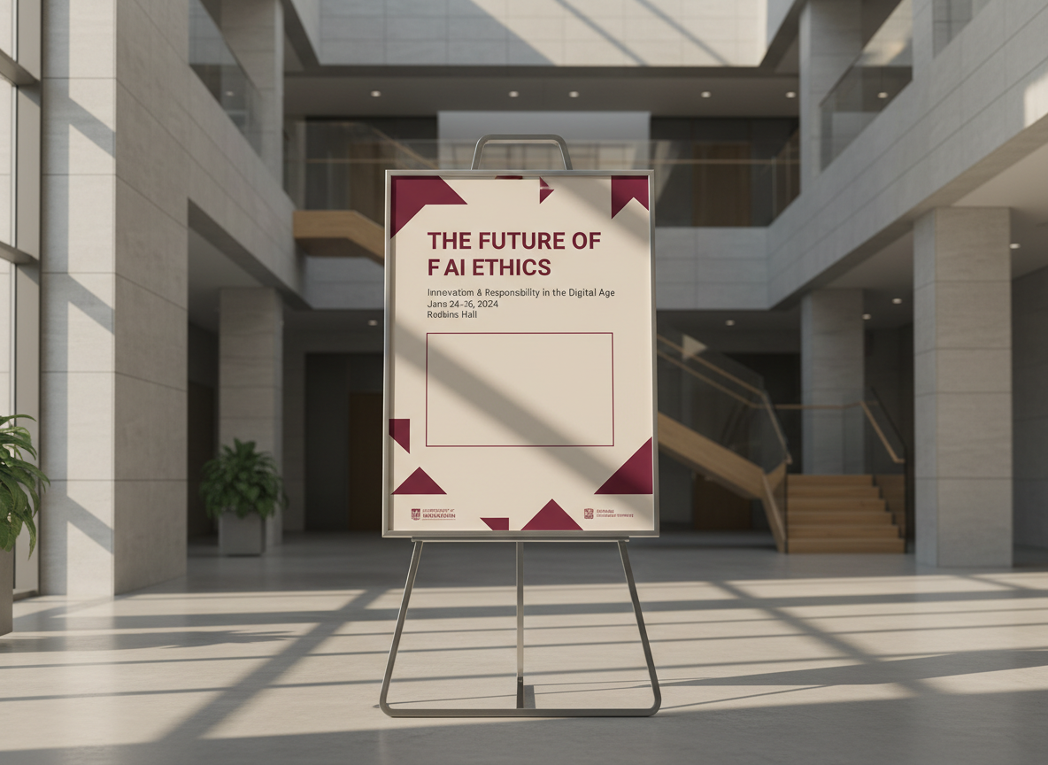 An elegant, photographic hero-style image of a tall, freestanding academic conference poster displayed on a sleek metal easel in a quiet university atrium. The poster has a minimalist beige background with deep burgundy geometric shapes and clean modern typography, leaving central space for a conference title. Behind it, smooth stone walls, glass railings, and a hint of a staircase convey a contemporary campus building. Warm afternoon light streams through unseen windows, casting soft, elongated shadows and a golden glow across the floor. Shot from a slightly low, centered angle with moderate depth of field, the poster dominates the frame while the surroundings remain gently detailed. The mood is aspirational, polished, and distinctly scholarly.
