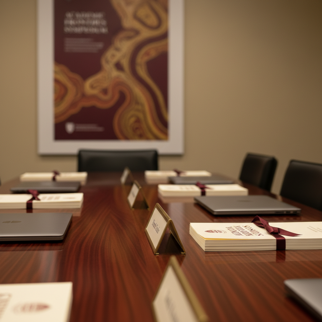 A close-up, photographic realism scene of a polished wooden conference table set for an academic symposium, with name placards, closed laptops, and neatly stacked cream-colored programs accented with dark burgundy typography. The table surface reflects warm pendant lighting from above, creating subtle highlights along the grain of the wood. In the softly blurred background, a beige wall features a large, abstract poster design in burgundy and gold, suggesting a conference theme. Captured at eye level with a shallow depth of field, the composition emphasizes order, detail, and professionalism, leaving clean space for text overlays on the right. The mood is organized, serious, and sophisticated, evoking a high-level university event.